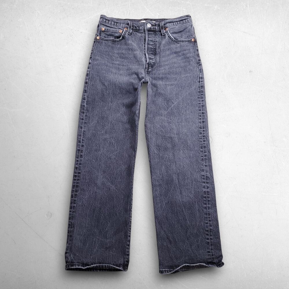 Levis Premium Ribcage Straight Jeans Women 29 Gray Stretch Button Fly 90s Grunge